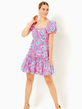 Lilly Pulitzer Size 0 Puff Sleeves Nastia Cotton Dress in Roxie Pink Wave n Sea